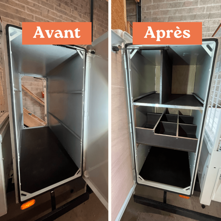 Comparaison avant-après de l’intérieur d’un camion benne Iveco Daily, montrant un espace vide à gauche et un aménagement structuré avec des étagères et compartiments à droite.